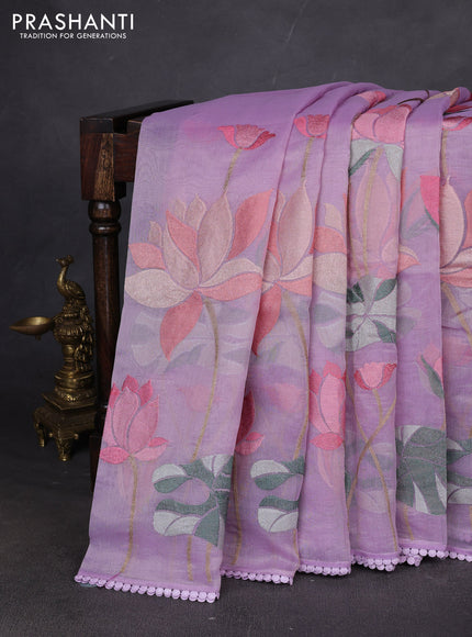 Art tissue chanderi saree lavender with allover floral embroidery and lace work border