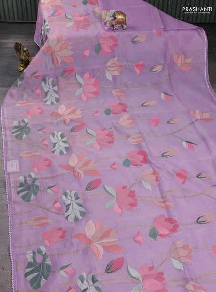 Art tissue chanderi saree lavender with allover floral embroidery and lace work border