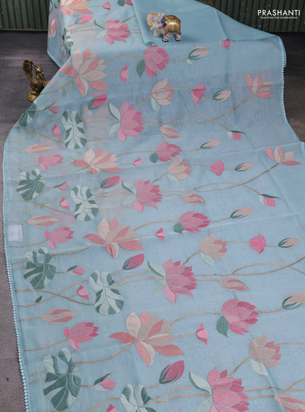 Art tissue chanderi saree light blue with allover floral embroidery and lace work border