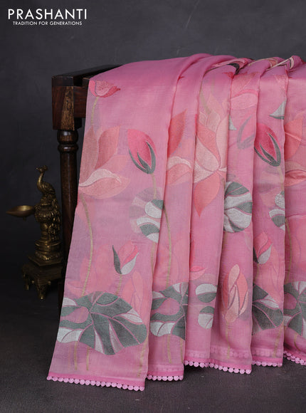 Art tissue chanderi saree light pink with allover floral embroidery and lace work border