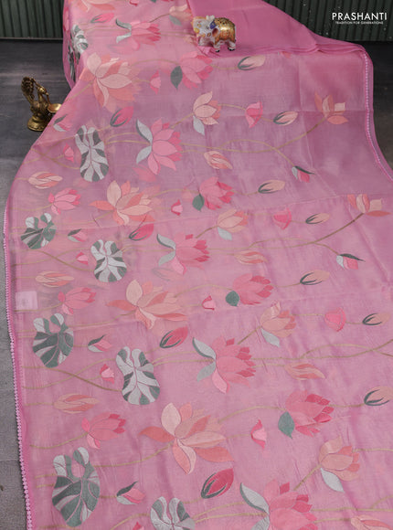Art tissue chanderi saree light pink with allover floral embroidery and lace work border