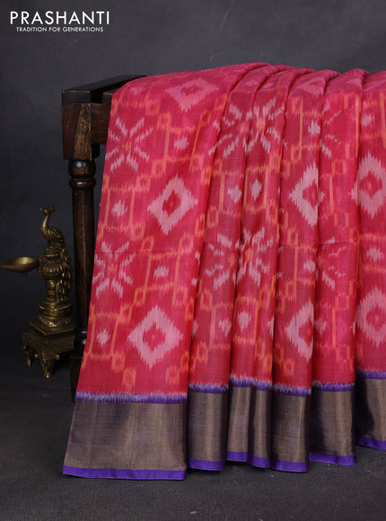 Ikat silk cotton saree pink and blue with allover ikat weaves and zari woven border