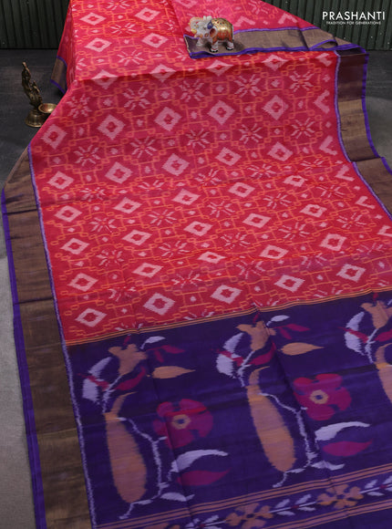 Ikat silk cotton saree pink and blue with allover ikat weaves and zari woven border