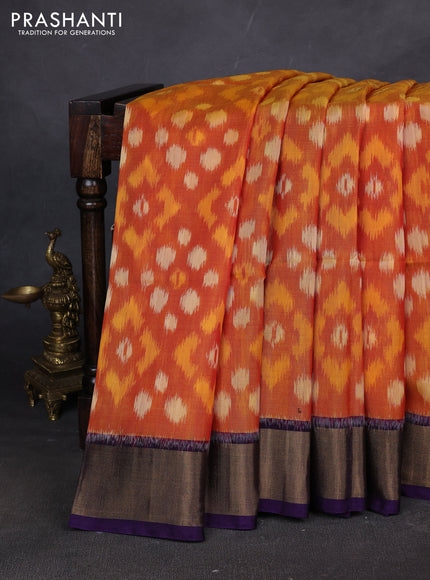 Ikat silk cotton saree mustard yellow and blue with allover ikat weaves and zari woven border