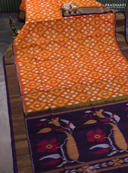 Ikat silk cotton saree mustard yellow and blue with allover ikat weaves and zari woven border