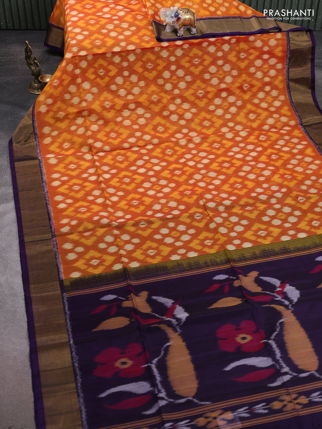 Ikat silk cotton saree mustard yellow and blue with allover ikat weaves and zari woven border