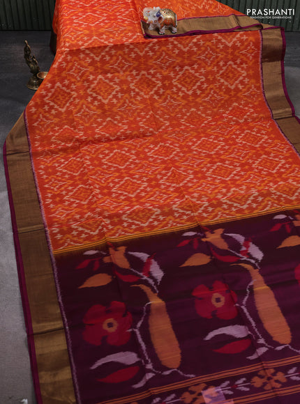 Ikat silk cotton saree orange and dark magenta pink with allover ikat weaves and zari woven border