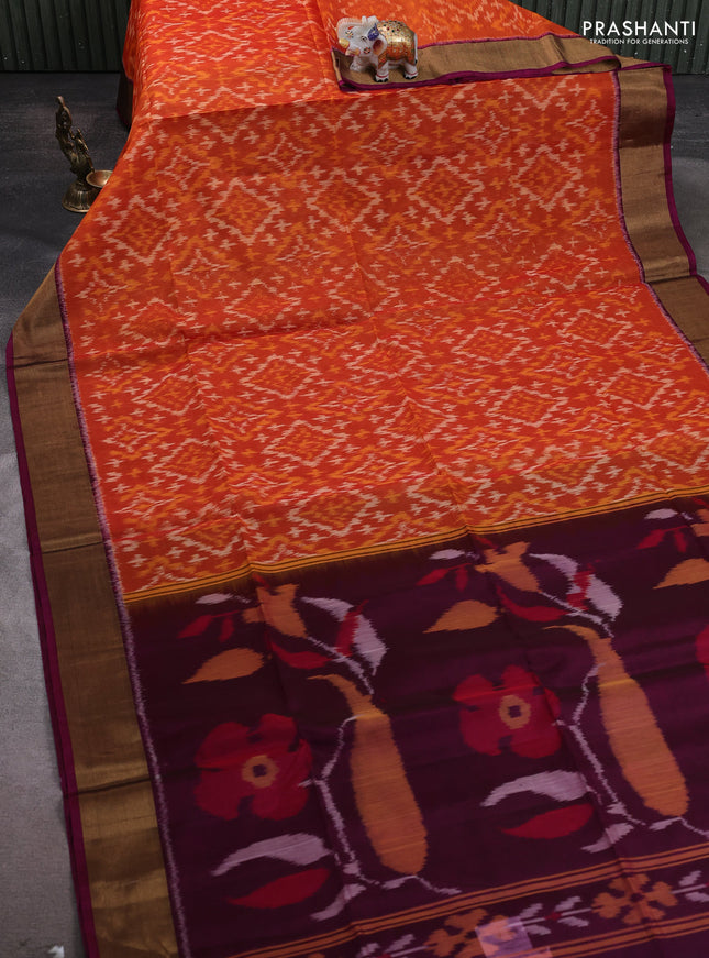 Ikat silk cotton saree orange and dark magenta pink with allover ikat weaves and zari woven border