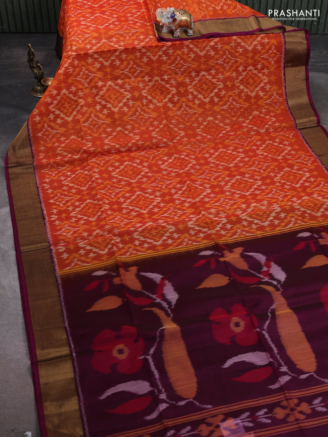 Ikat silk cotton saree orange and dark magenta pink with allover ikat weaves and zari woven border