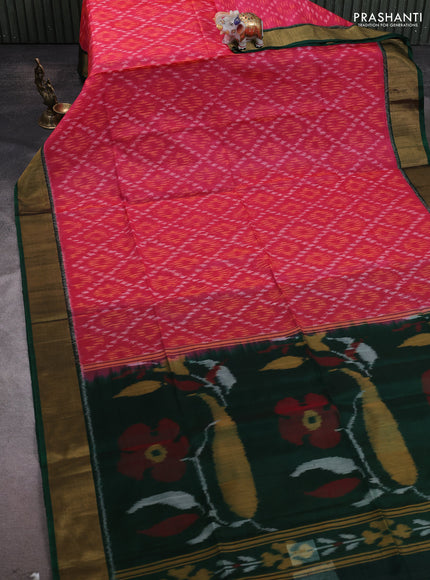 Ikat silk cotton saree pink and green with allover ikat weaves and zari woven border