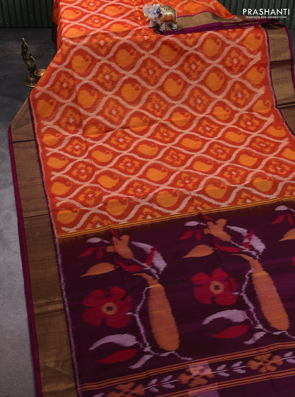 Ikat silk cotton saree orange and dark magenta pink with allover ikat weaves and zari woven border