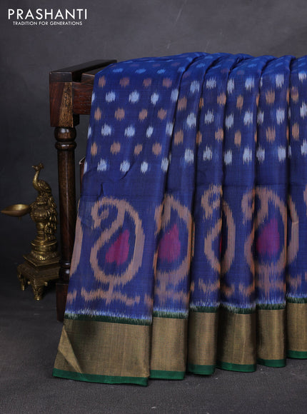 Ikat silk cotton saree cs blue and green with allover ikat weaves and zari woven border