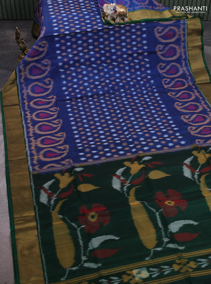 Ikat silk cotton saree cs blue and green with allover ikat weaves and zari woven border