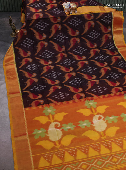 Ikat silk cotton saree deep coffee brown and mustard yellow with allover ikat weaves and zari woven border