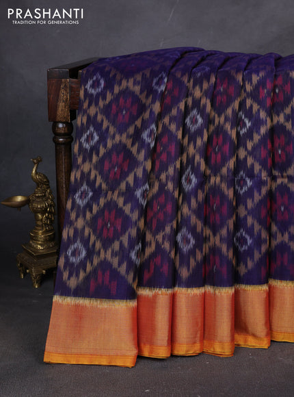 Ikat silk cotton saree dark blue and sunset orange with allover ikat weaves and zari woven border