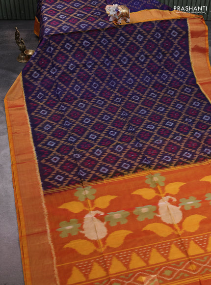 Ikat silk cotton saree dark blue and sunset orange with allover ikat weaves and zari woven border