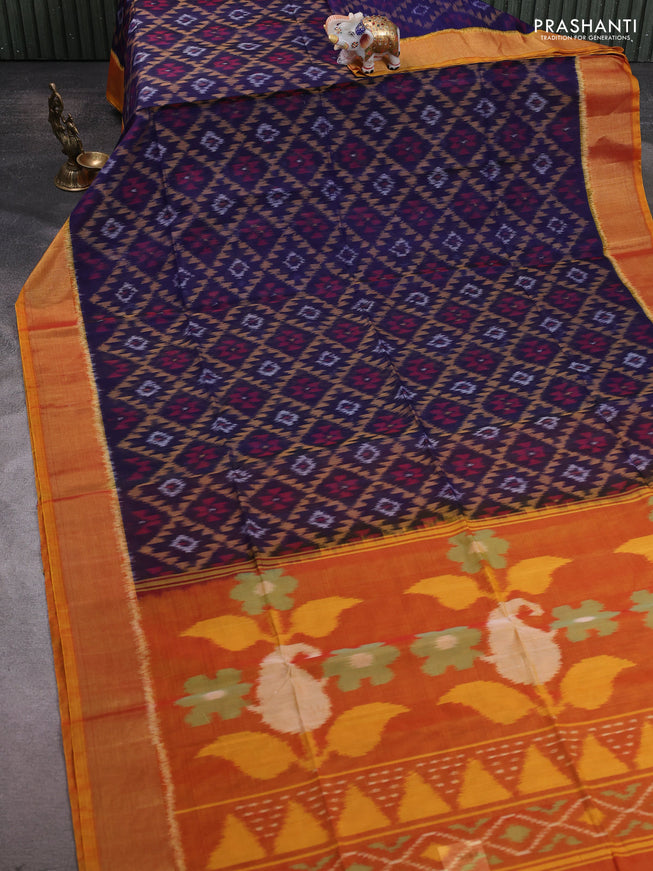Ikat silk cotton saree dark blue and sunset orange with allover ikat weaves and zari woven border