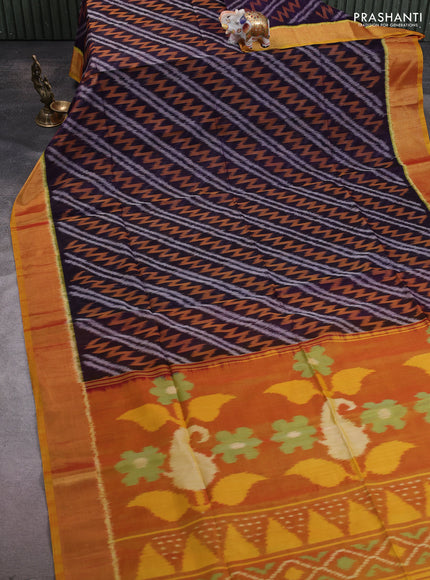 Ikat silk cotton saree navy blue and mustard yellow with allover ikat weaves and zari woven border
