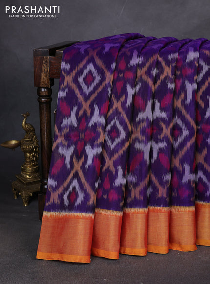 Ikat silk cotton saree blue and sunset orange with allover ikat weaves and zari woven border