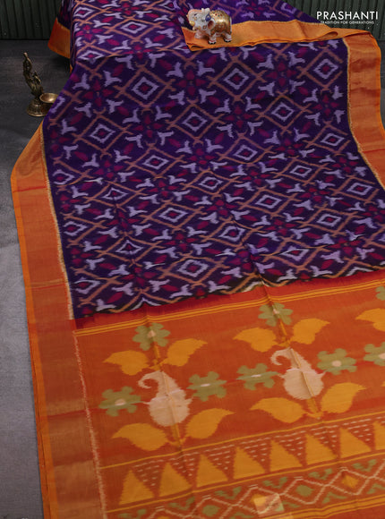 Ikat silk cotton saree blue and sunset orange with allover ikat weaves and zari woven border