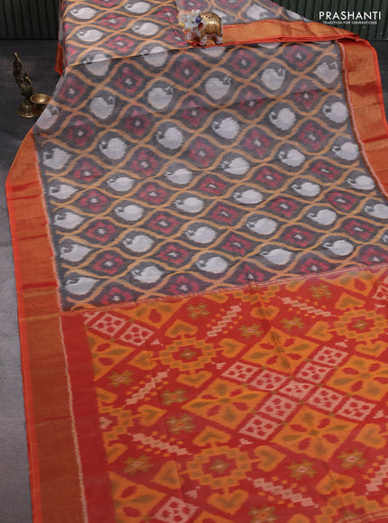 Ikat silk cotton saree grey and pinkish orange with allover ikat weaves and zari woven border