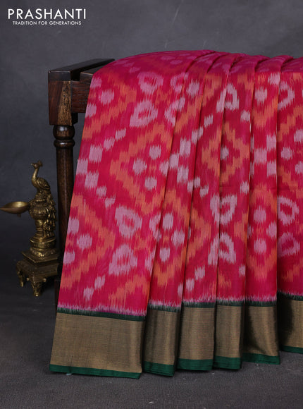 Ikat silk cotton saree pink and green with allover ikat weaves and zari woven border
