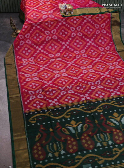 Ikat silk cotton saree pink and green with allover ikat weaves and zari woven border