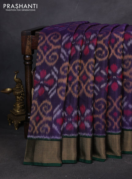 Ikat silk cotton saree blue and dark green with allover ikat weaves and zari woven border