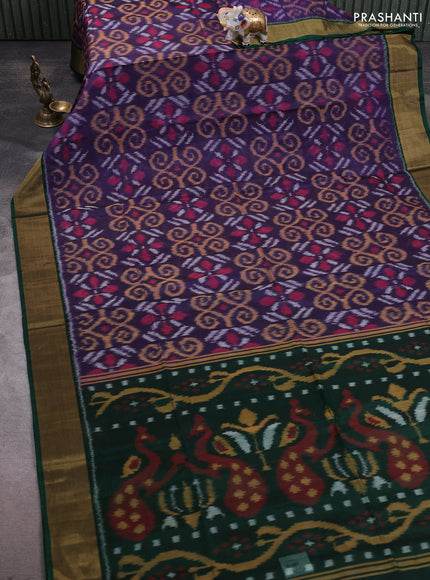 Ikat silk cotton saree blue and dark green with allover ikat weaves and zari woven border