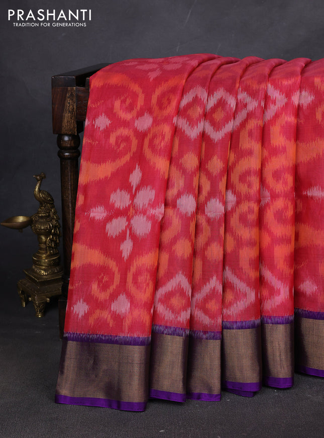 Ikat silk cotton saree pink and violet with allover ikat weaves and zari woven border