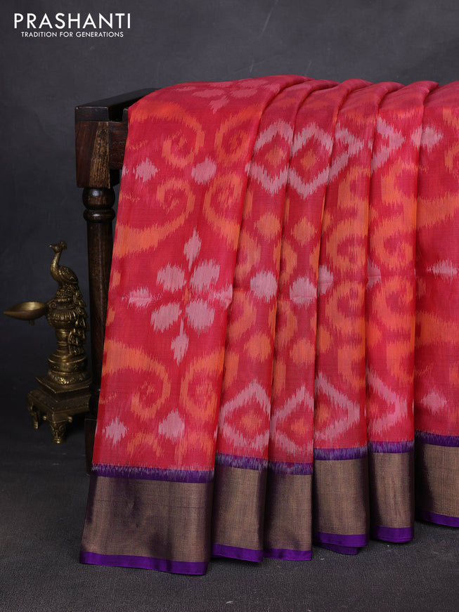 Ikat silk cotton saree pink and violet with allover ikat weaves and zari woven border