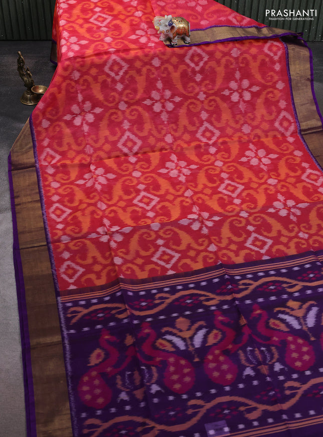 Ikat silk cotton saree pink and violet with allover ikat weaves and zari woven border
