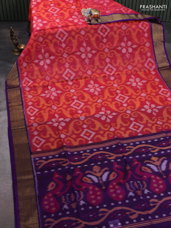 Ikat silk cotton saree pink and violet with allover ikat weaves and zari woven border