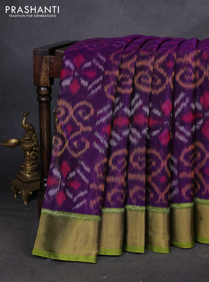 Ikat silk cotton saree violet and mehendi green with allover ikat weaves and zari woven border