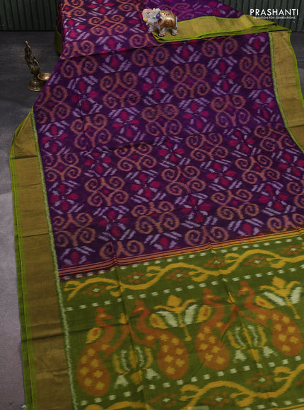Ikat silk cotton saree violet and mehendi green with allover ikat weaves and zari woven border