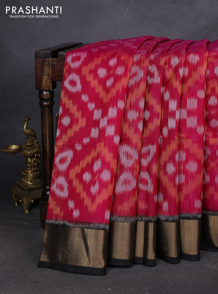 Ikat silk cotton saree pink and black with allover ikat weaves and zari woven border