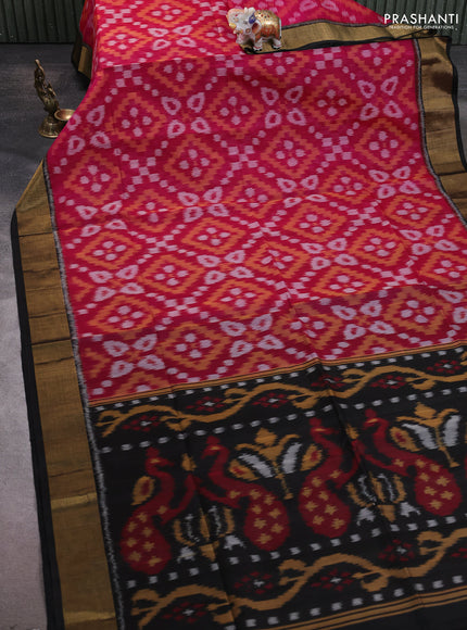 Ikat silk cotton saree pink and black with allover ikat weaves and zari woven border