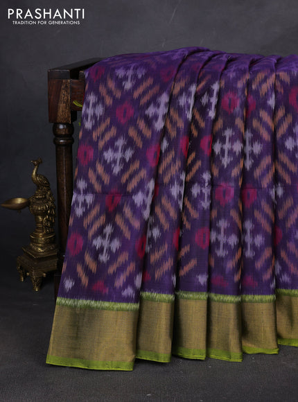 Ikat silk cotton saree blue and green with allover ikat weaves and zari woven border