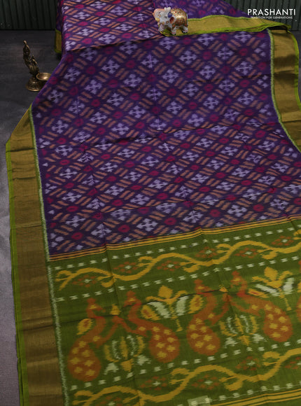 Ikat silk cotton saree blue and green with allover ikat weaves and zari woven border