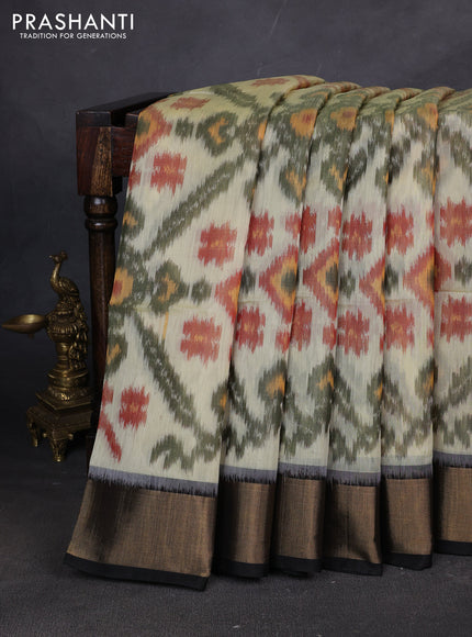 Ikat silk cotton saree pista green and black with allover ikat weaves and zari woven border