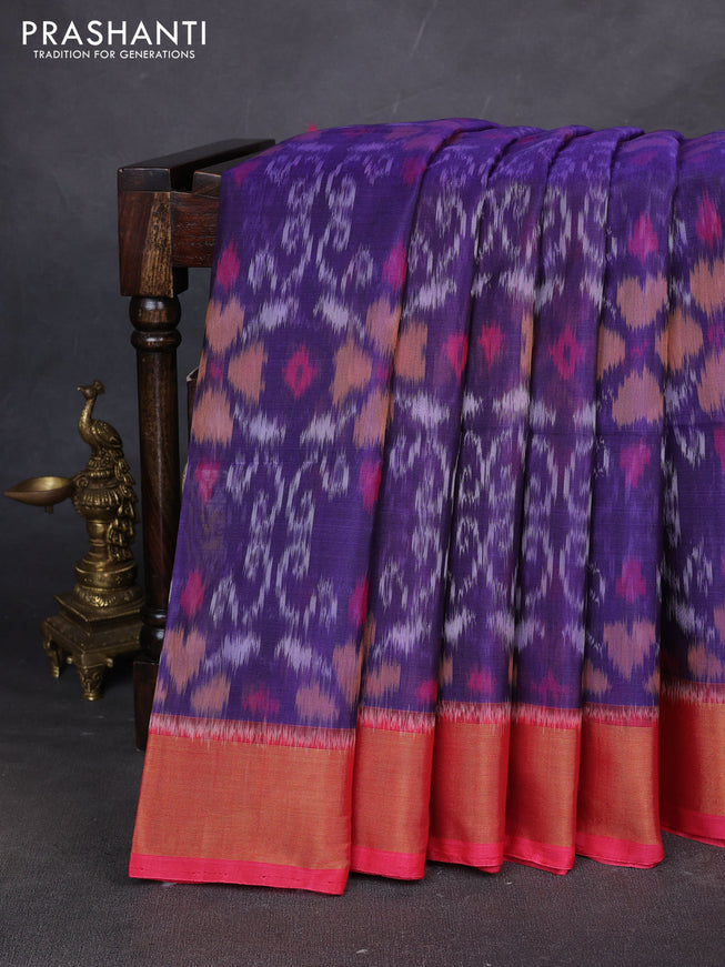 Ikat silk cotton saree blue and pink with allover ikat weaves and zari woven border