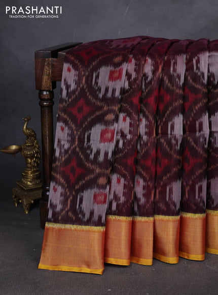 Ikat silk cotton saree coffee brown and mustard yellow with allover ikat weaves and zari woven border