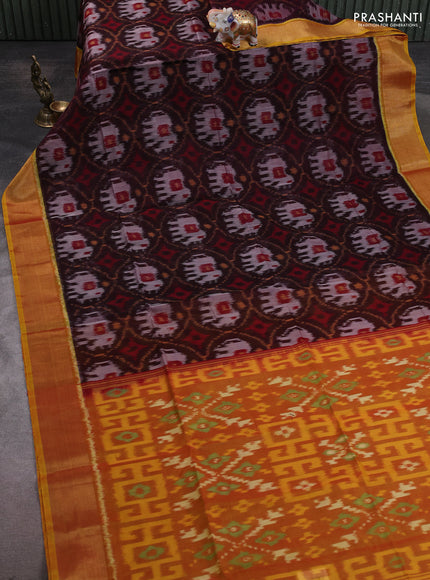Ikat silk cotton saree coffee brown and mustard yellow with allover ikat weaves and zari woven border