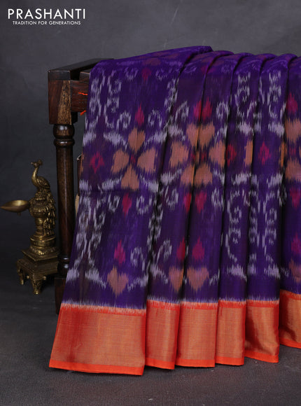 Ikat silk cotton saree dark blue and orange with allover ikat weaves and zari woven border