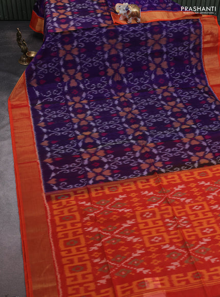 Ikat silk cotton saree dark blue and orange with allover ikat weaves and zari woven border
