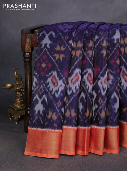 Ikat silk cotton saree navy blue and sunset orange with allover ikat weaves and zari woven border