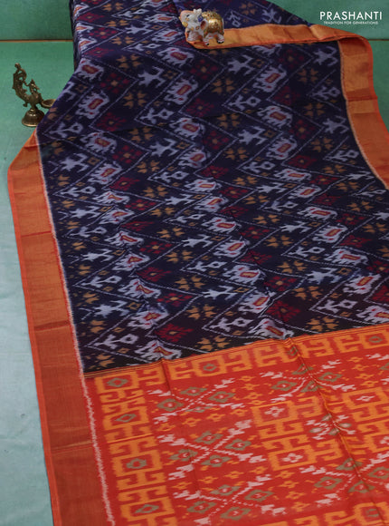 Ikat silk cotton saree navy blue and sunset orange with allover ikat weaves and zari woven border