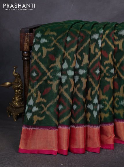 Ikat silk cotton saree green and pink with allover ikat weaves and zari woven border