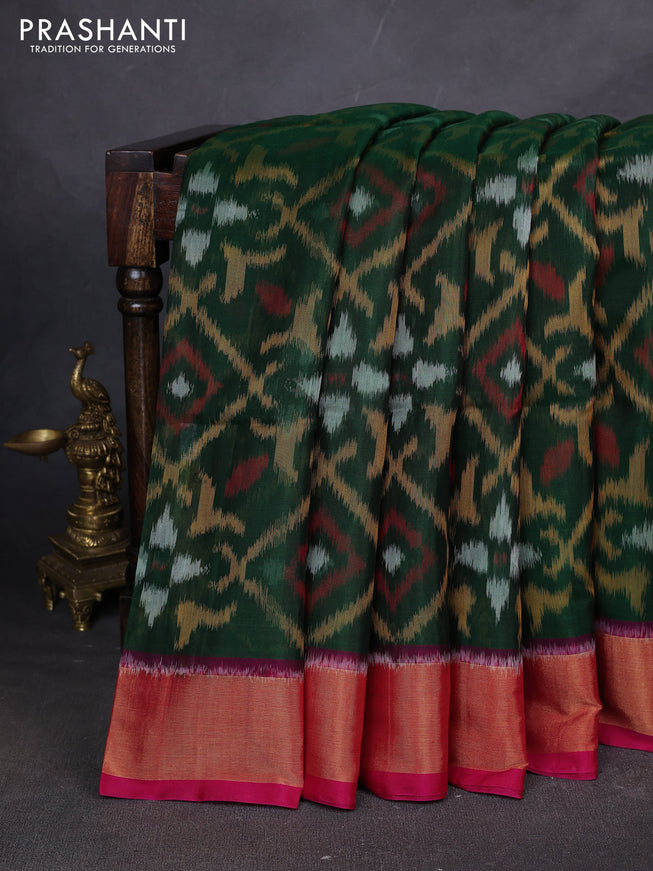 Ikat silk cotton saree green and pink with allover ikat weaves and zari woven border
