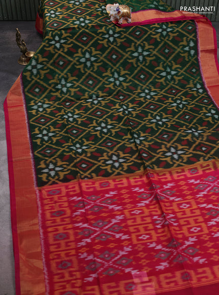 Ikat silk cotton saree green and pink with allover ikat weaves and zari woven border
